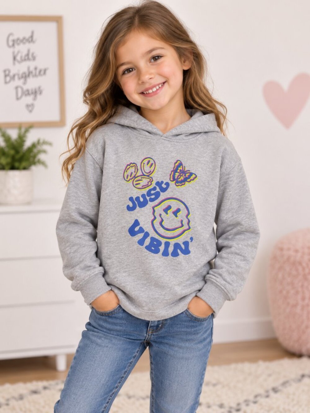 Stella Tweed Girls 6T Just Vibin’ Graphic Hoodie Butterfly Smiley Gray